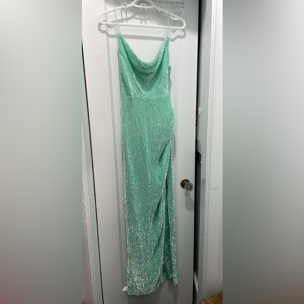 Retrofete dress, sequin, mint colour, high slit, worn once, size xs